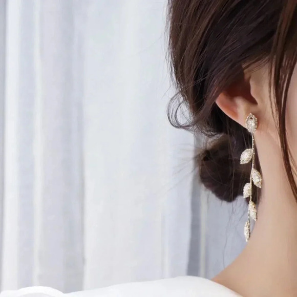 Diamond Leaf Petal Drop Statement Earrings - Picture 7 of 11